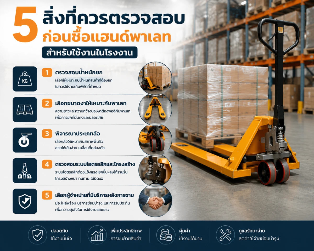 5 สิ่งที่ควรตรวจสอบก่อนซื้อแฮนด์พาเลทสำหรับใช้งานในโรงงาน
